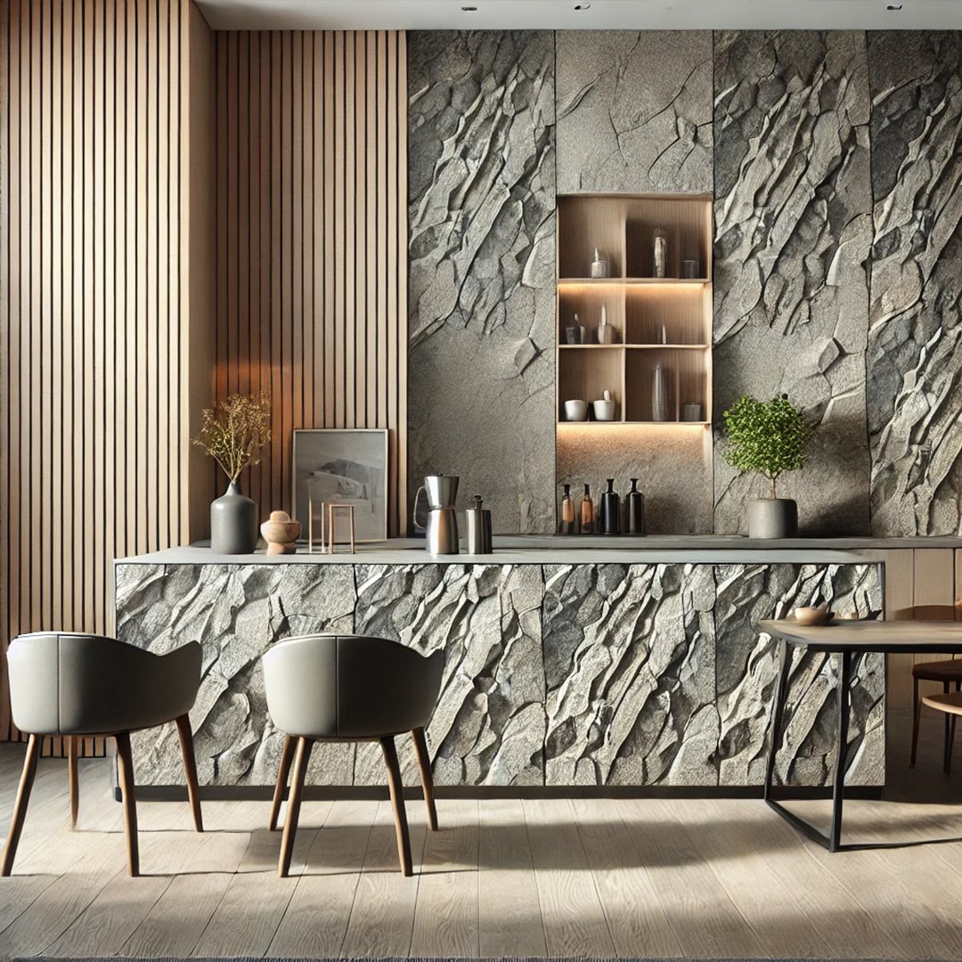Modern kitchen with textured natural stone wall cladding and cabinets, featuring warm wood paneling and elegant decor.