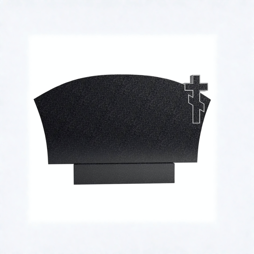 Horizontal high-polished black granite companion headstone featuring an arc top and a uniquely raised Eastern Orthodox cross on the right side, set on a solid black granite base