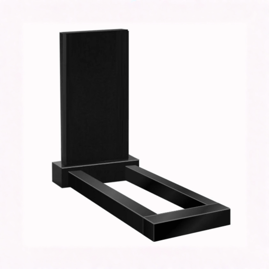 "High-polished, rectangular black granite upright headstone featuring a clean-lined minimalist design, complete with a matching full grave kerb set