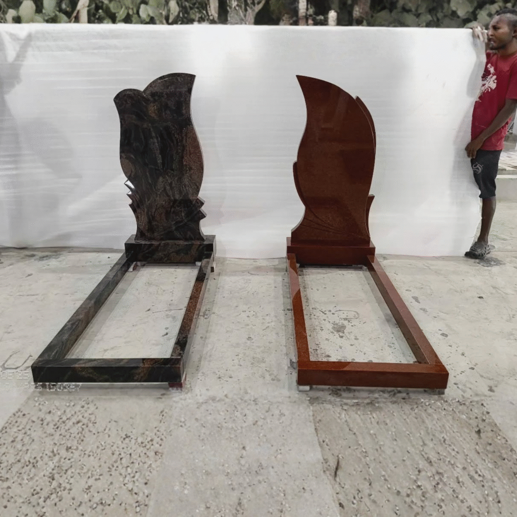 wo complete upright granite monuments with full kerb sets side-by-side: one in Paradiso granite with wave contours and one in Imperial Red granite with a teardrop design, both featuring a high-polish finish