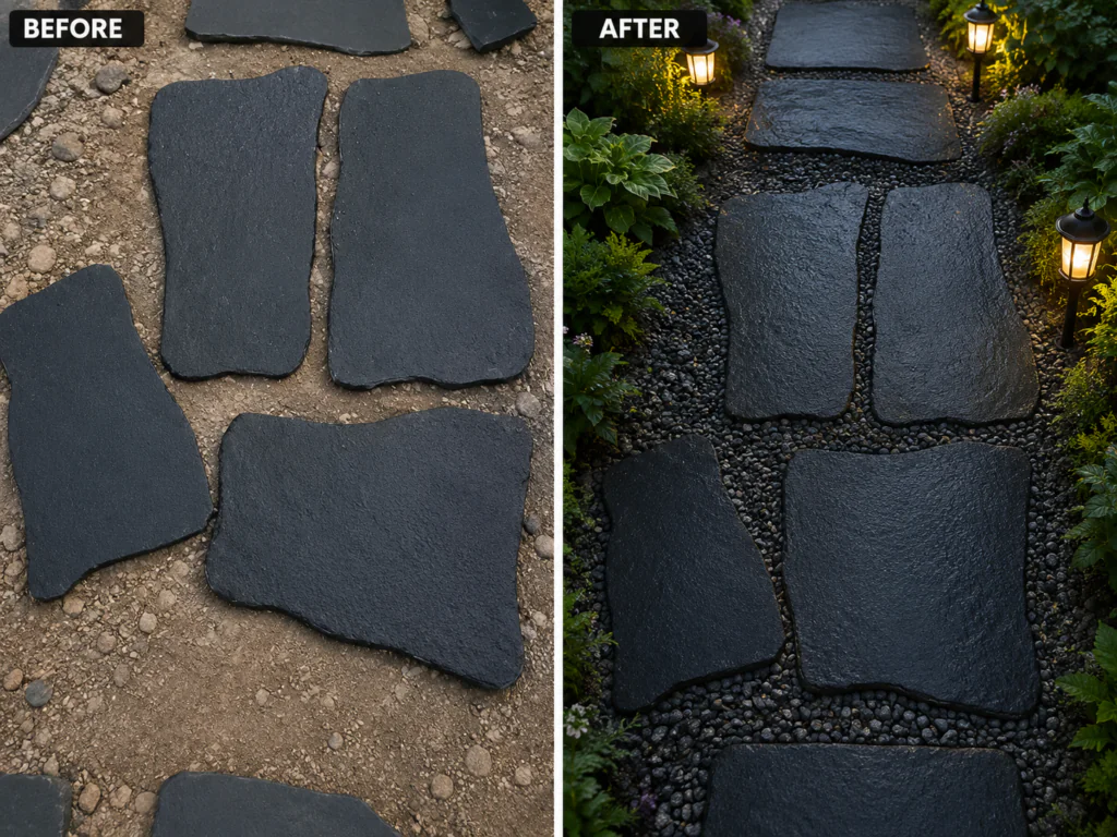 Garden pathway before and after transformation